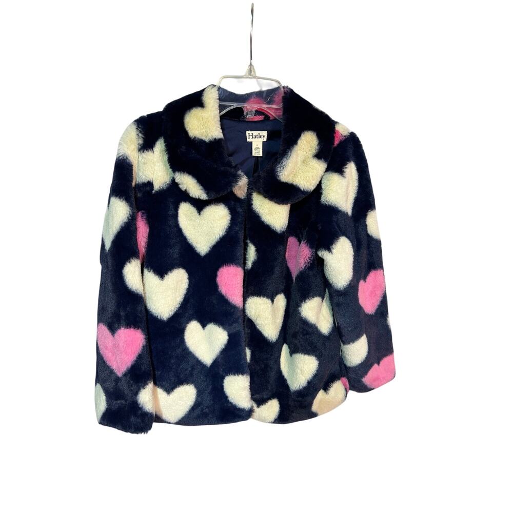 Hatley 8 blue faux fur pink white hearts jacket w/pockets like new
